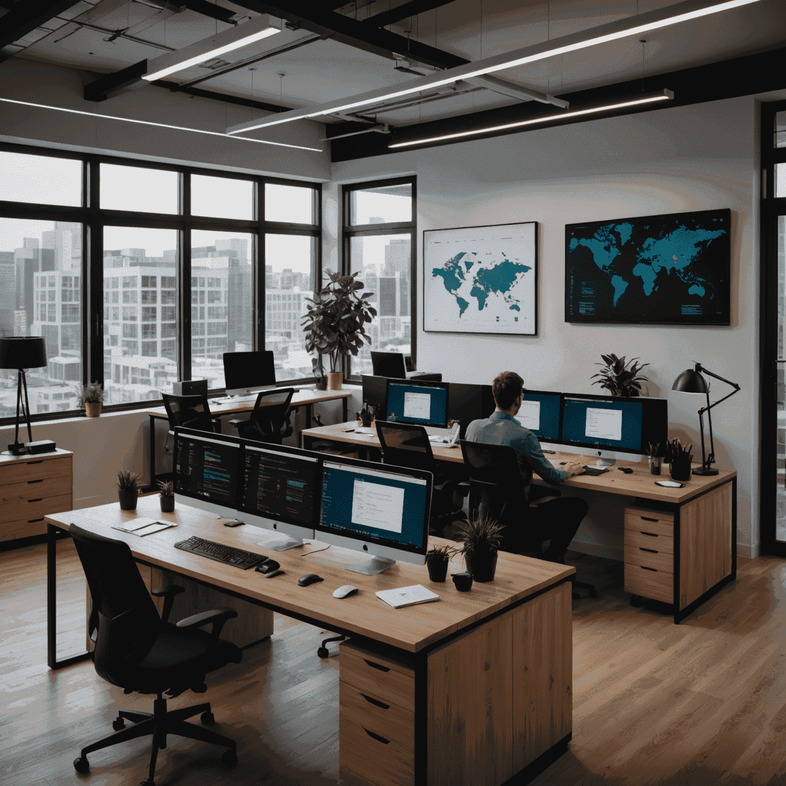 A modern office setting with developers working on custom web applications, showcasing multiple screens with code and design interfaces