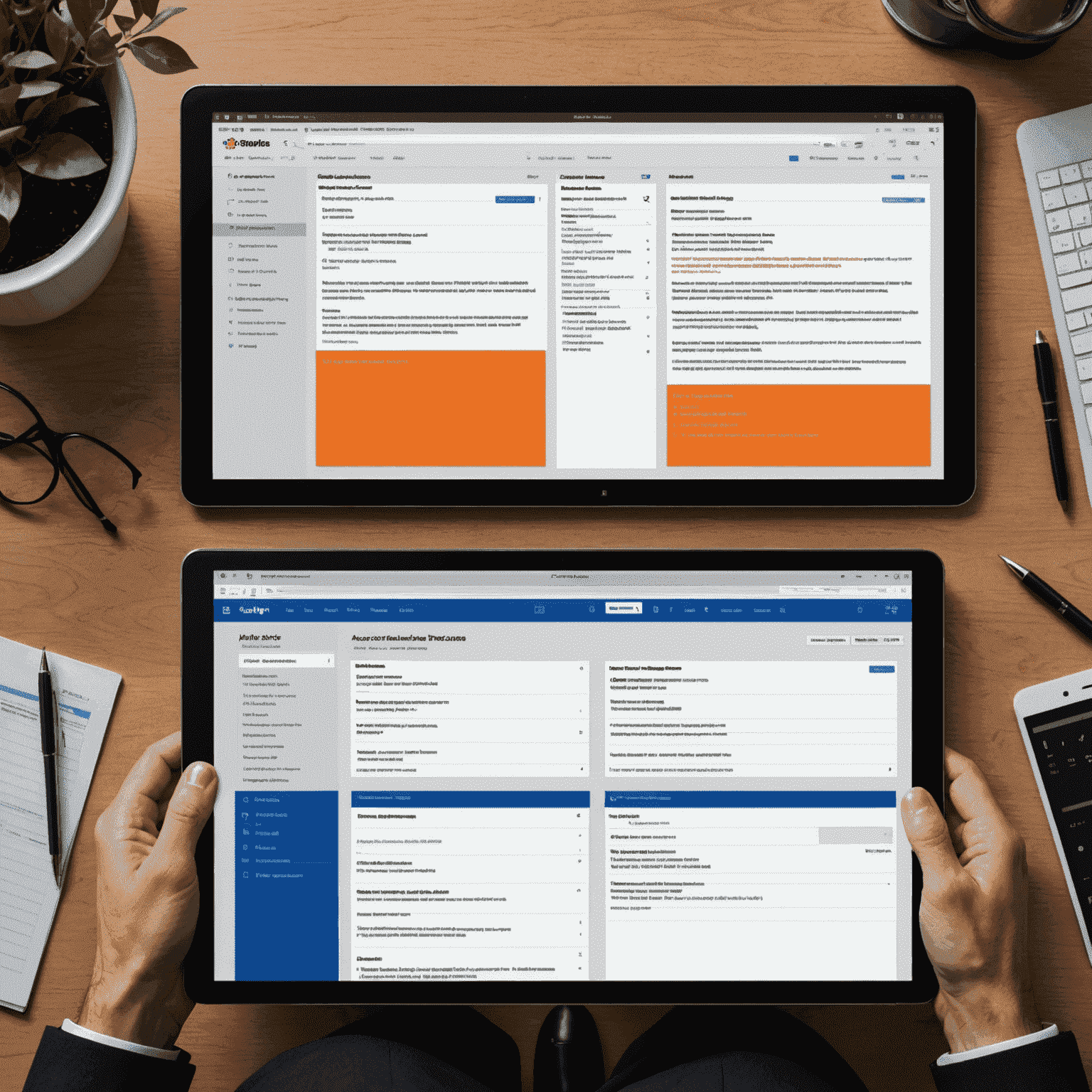 A split-screen image showing a before and after of a business process: before using a cluttered, paper-based system, and after using a streamlined, custom web application interface